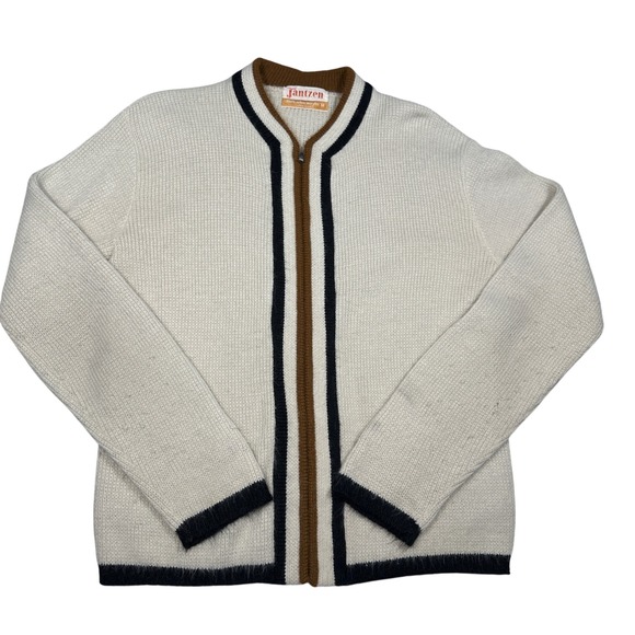 Jantzen Other - Vintage Jantzen Mens Full Zip Cardigan Sweater Cream Striped Orion Acrylic M